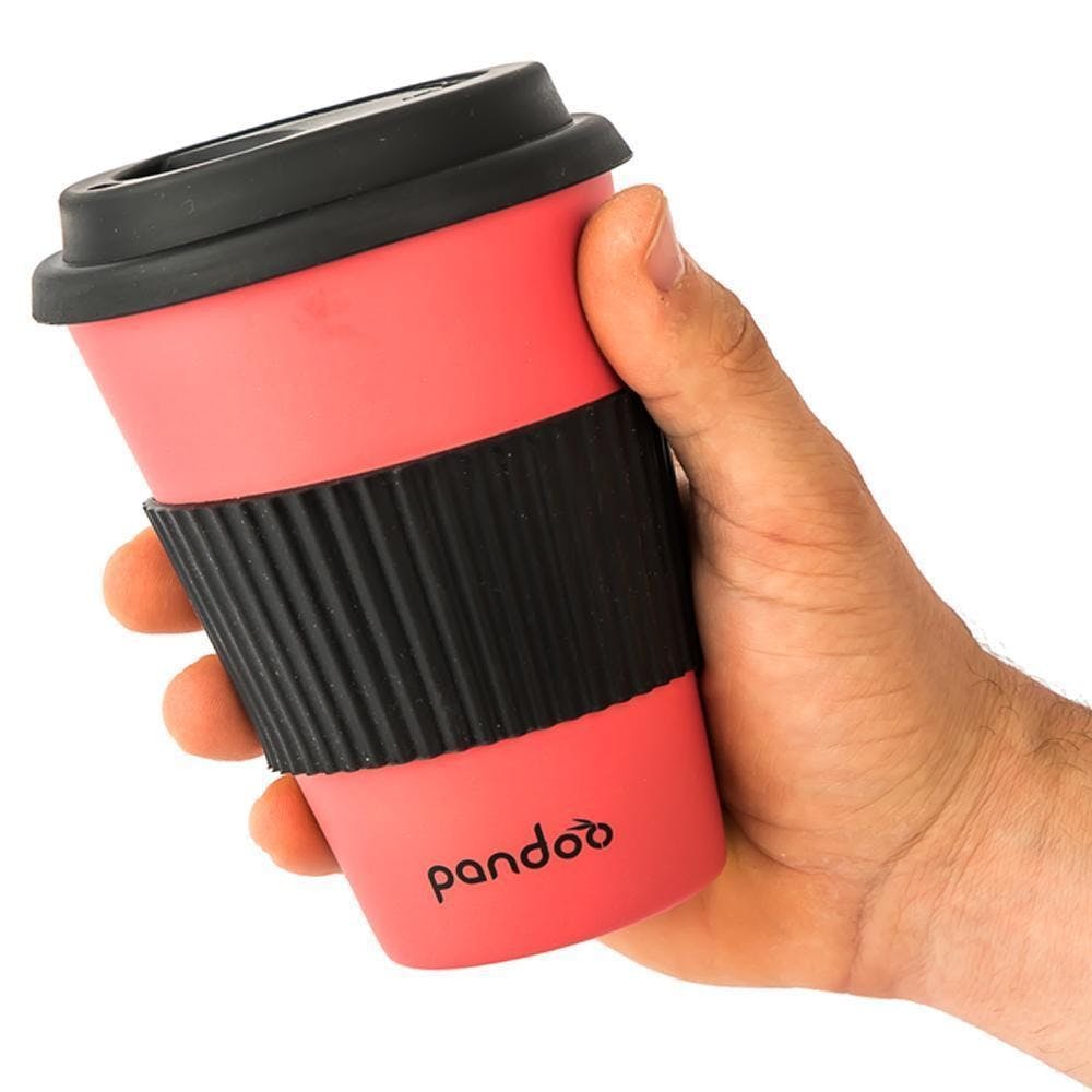 Mehrweg- Kaffebecher aus Bambus - mit Hitzeschutz aus Silikon und Deckel - Rot