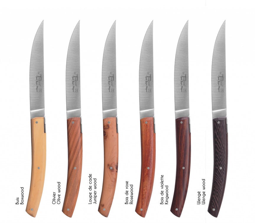 Set mit 6 Stück "Thiers Pirou Brasserie" Steakmessern von Goyoun Chazeau - Griffe aus Edelhölzern