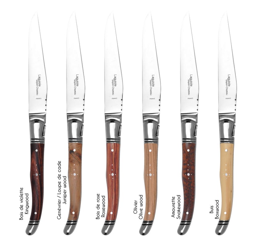Set mit 6 Stück "Le Thiers Prestige" Steakmessern von Goyoun Chazeau - Griffe aus Edelhölzern