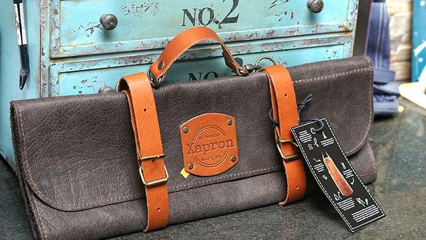 Handgefertigte Messertasche - Rolltasche Utah aus echtem Büffelleder -10 Fächer - braun