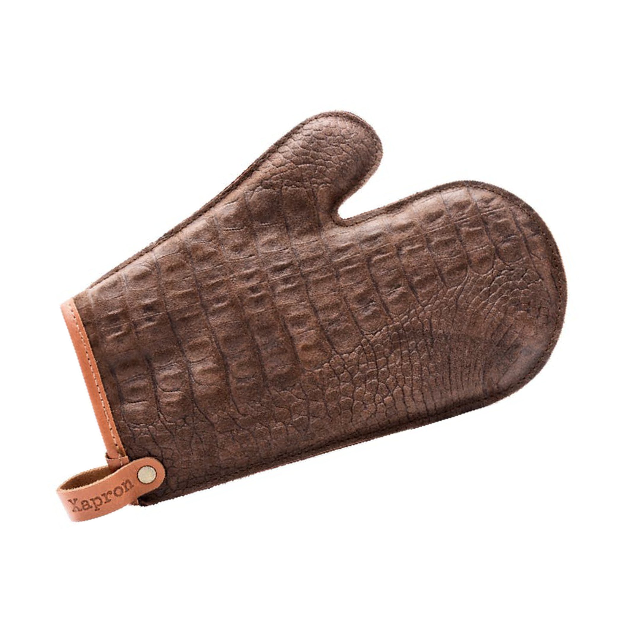 Handgefertigter Ofenhandschuh aus Büffelleder in Krokodiloptik - mit Daumen - braun