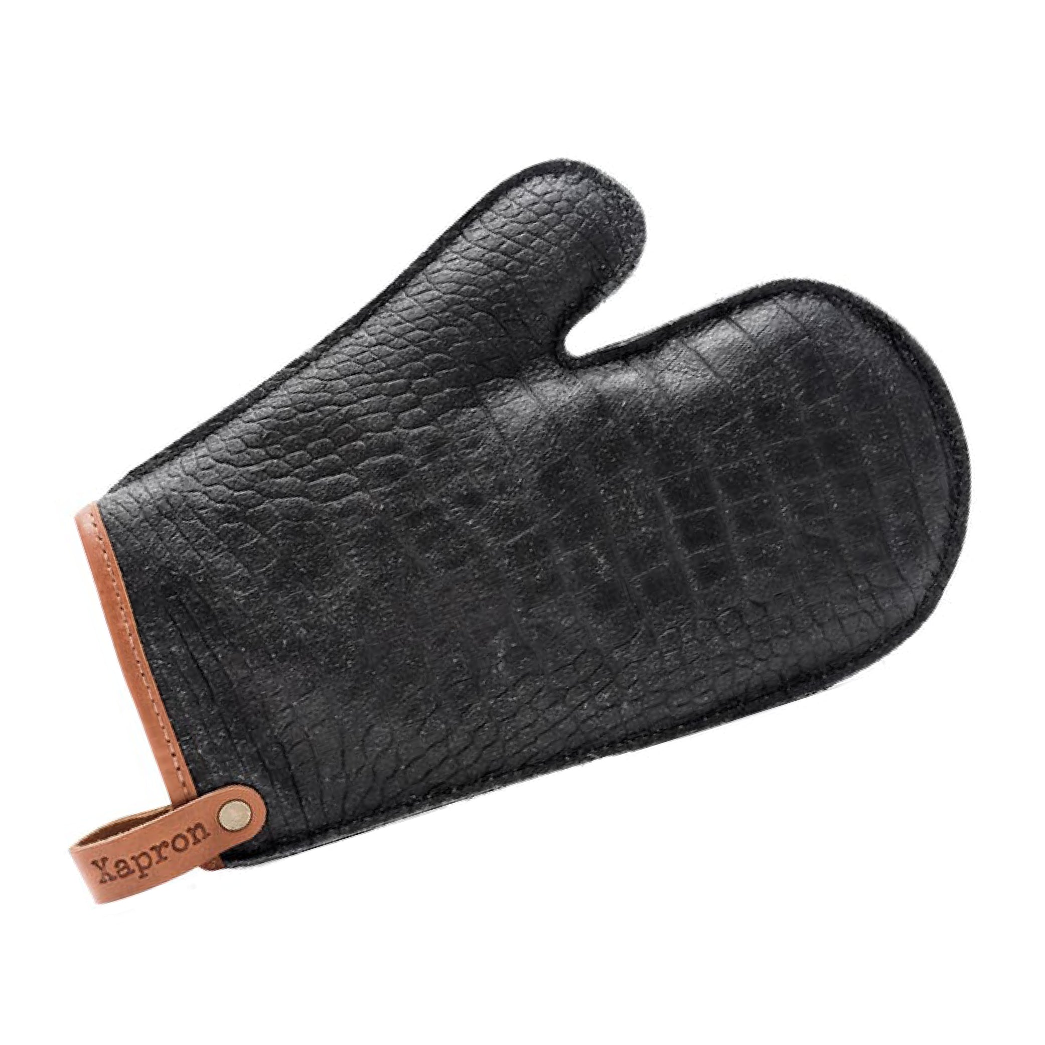 Handgefertigter Ofenhandschuh aus Büffelleder in Krokodiloptik - mit Daumen - schwarz