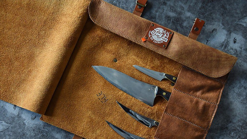 Handgefertigte Messertasche - Rolltasche Utah aus echtem Büffelleder -10 Fächer - braun